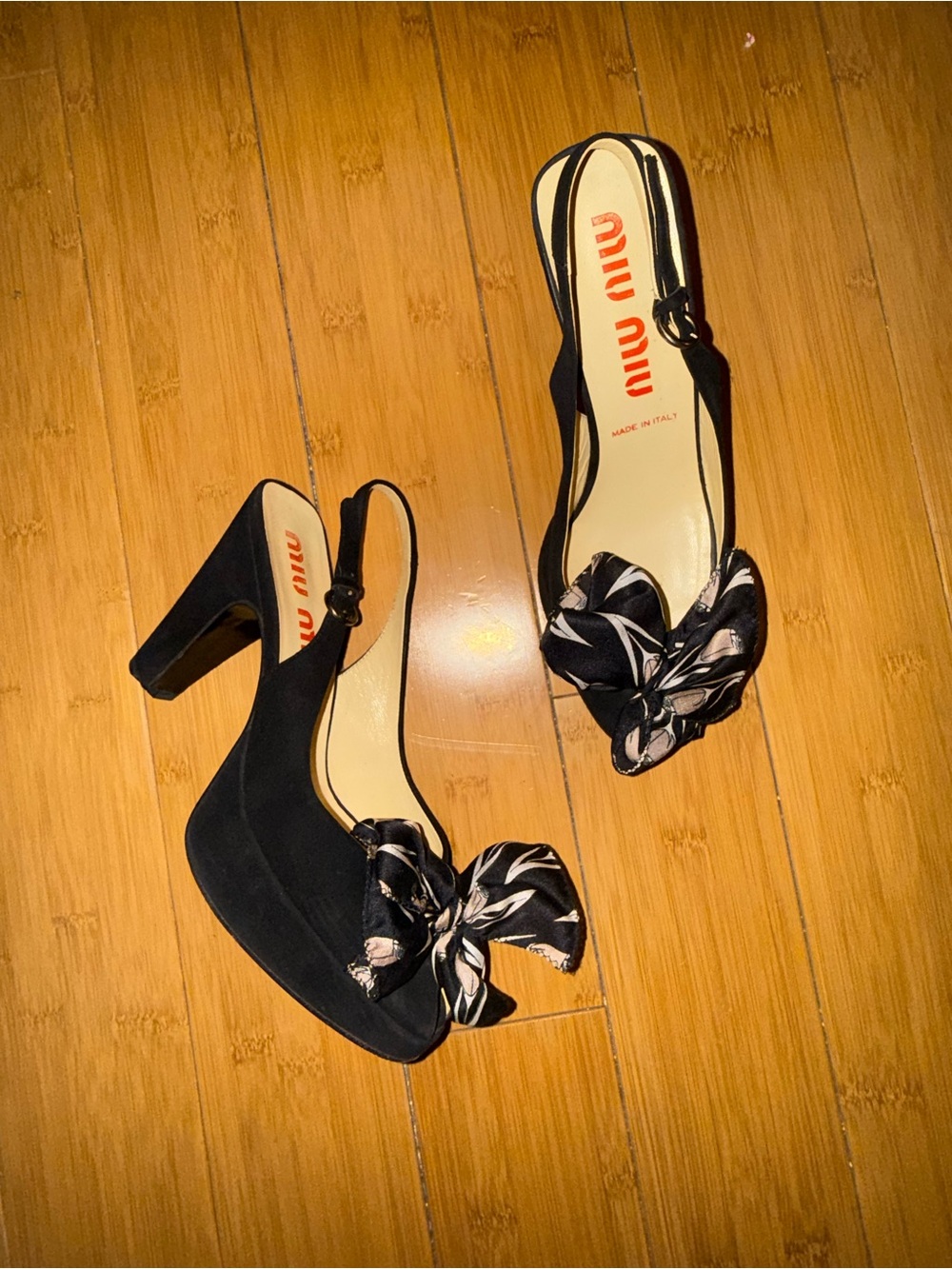 Miu Miu vintage Black Suede Slingback Platform Heels with Floral Knot